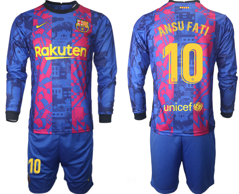 Men 2021-2022 Club Barcelona Second away blue Long Sleeve #10 Soccer Jersey1->barcelona jersey->Soccer Club Jersey